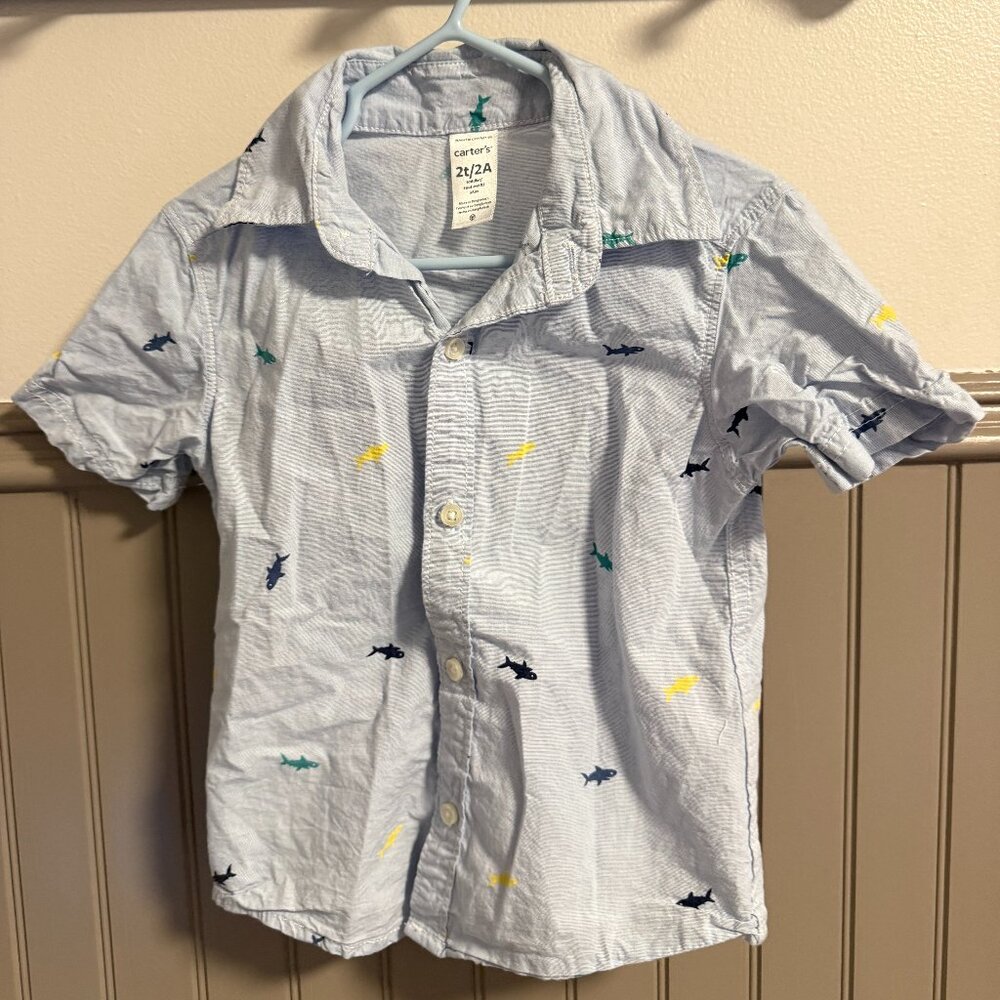 Carter's Short-Sleeve | 2T | Light Blue Shark Print Button Up Shirt